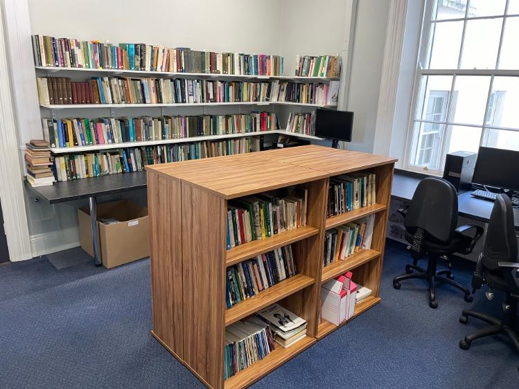 Bookshelves in a library